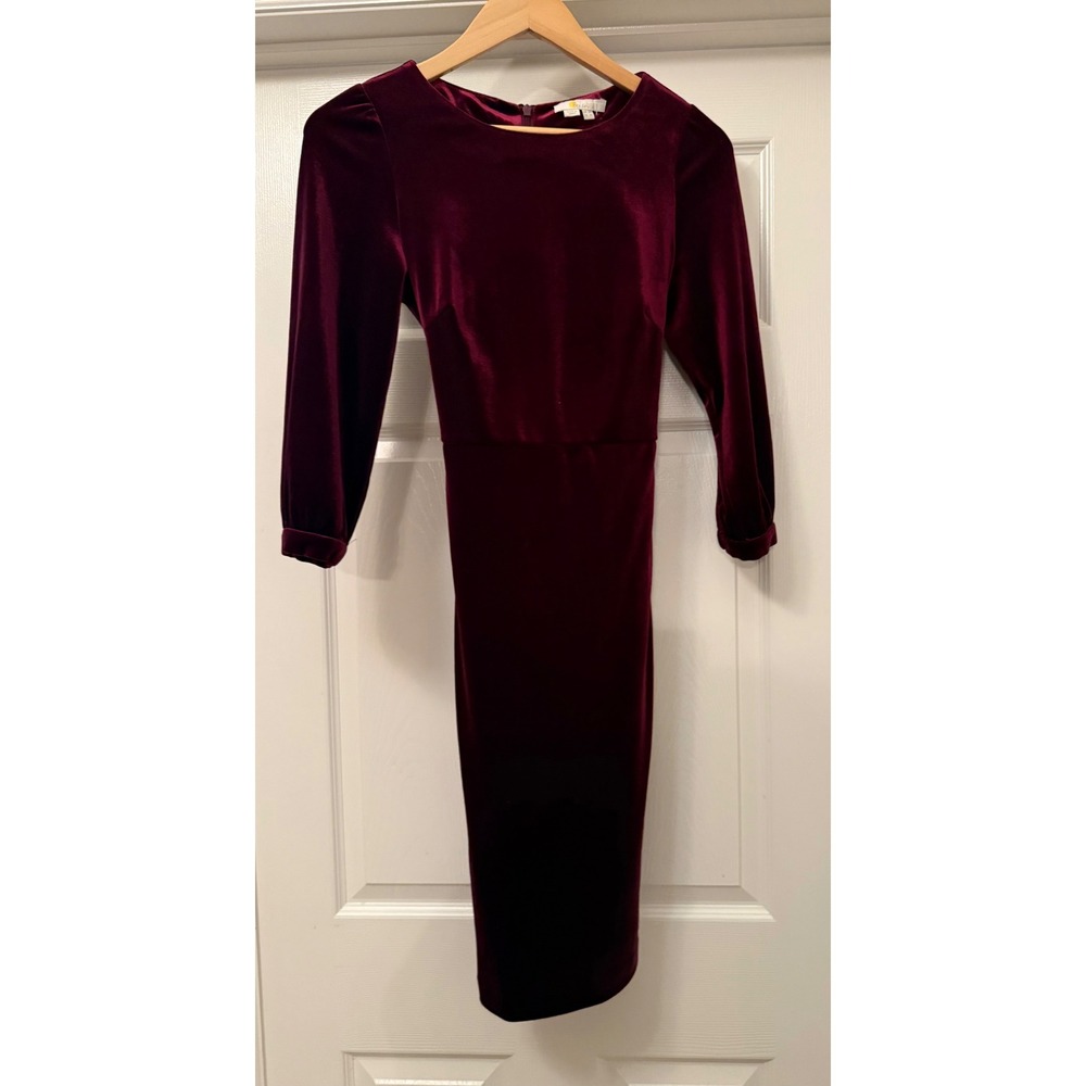 Boden Velvet Midi Dress Womens 4R Burgundy 3/4 Sleeve Tie Waist Sheath